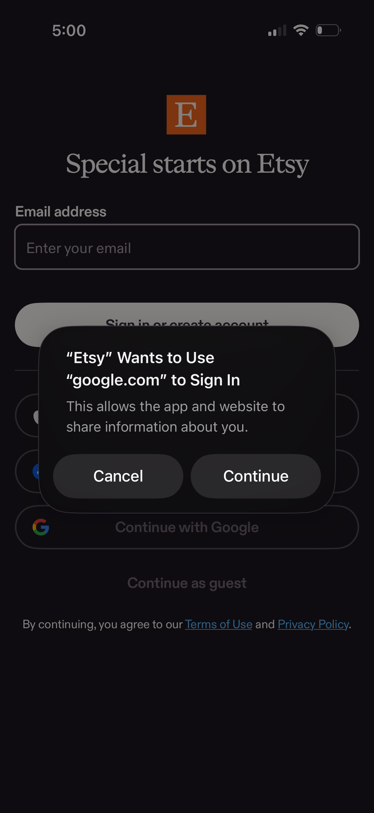 etsy login screenshot